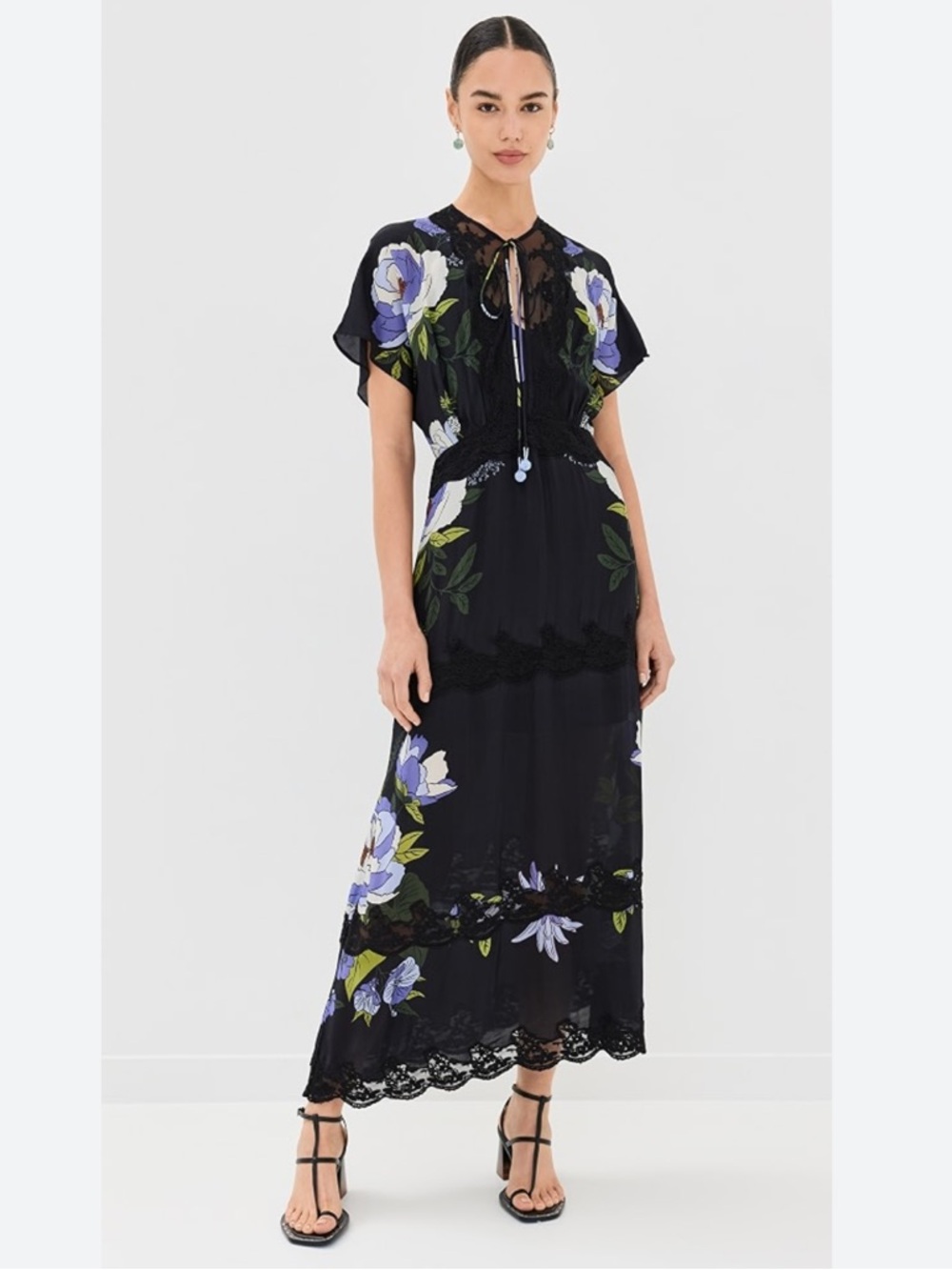 Farm Rio Soft Garden Black Laces Short Sleeve Maxi Dress